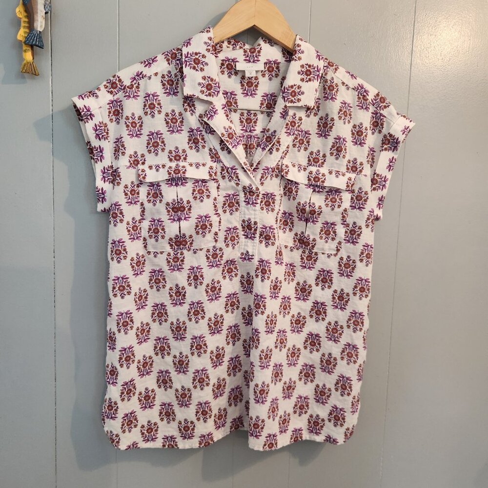J. Jill floral cotton button cap short sleeve camp shirt blouse top‎